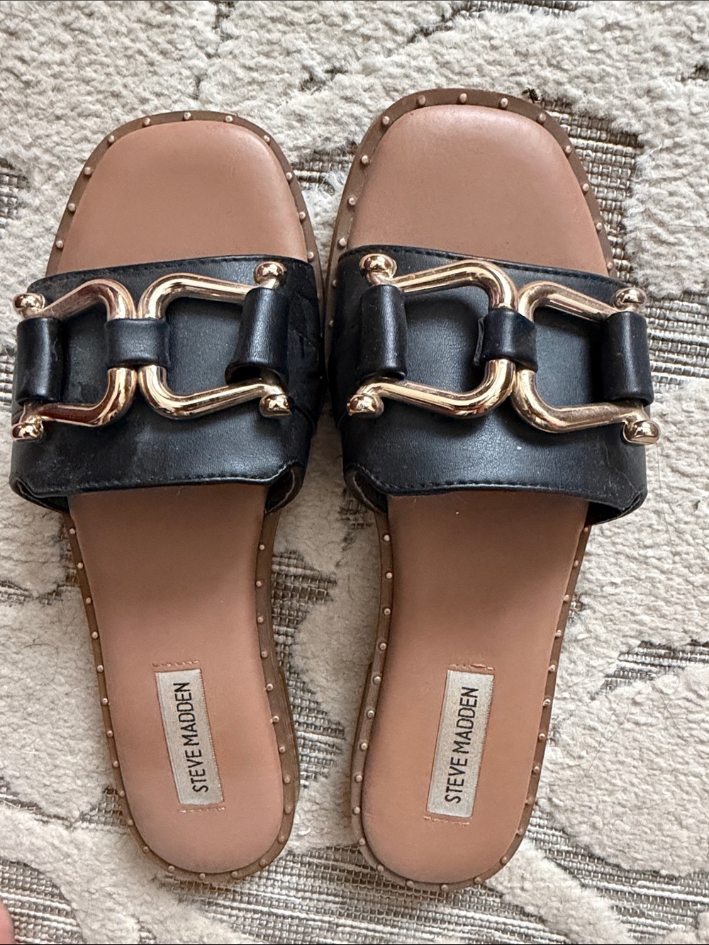Steve Madden Black Leather Slide Sandals with Gold Buckle